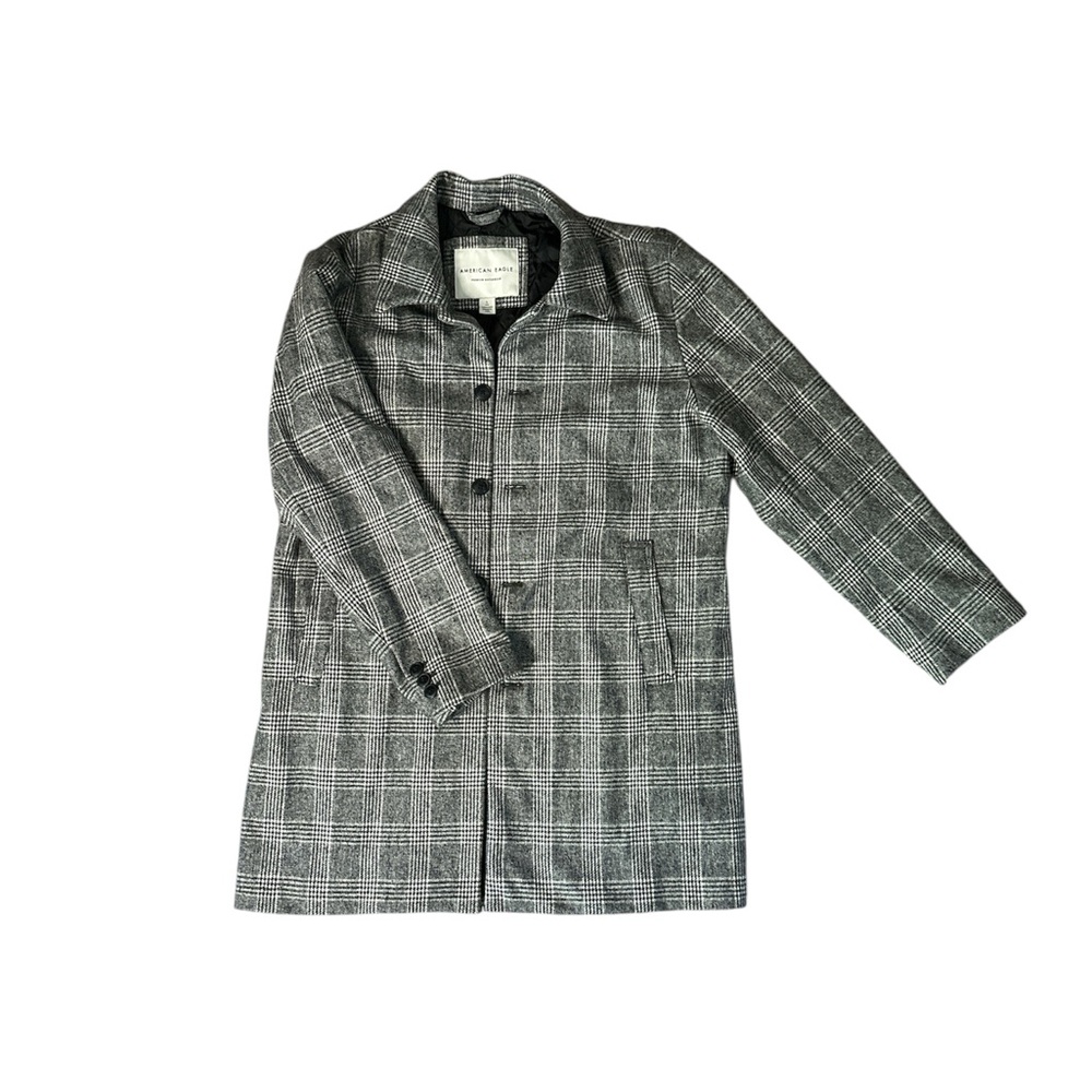 American Eagle Outfitters Men's Black and Gray Plaid Trench Coat